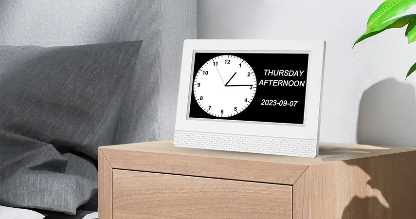 Visually impaired elderly with memory loss flip the clock on the wall