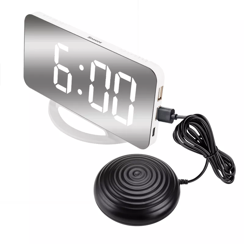 LED Dual USB Mirror Vibration Alarm Clock For Deaf